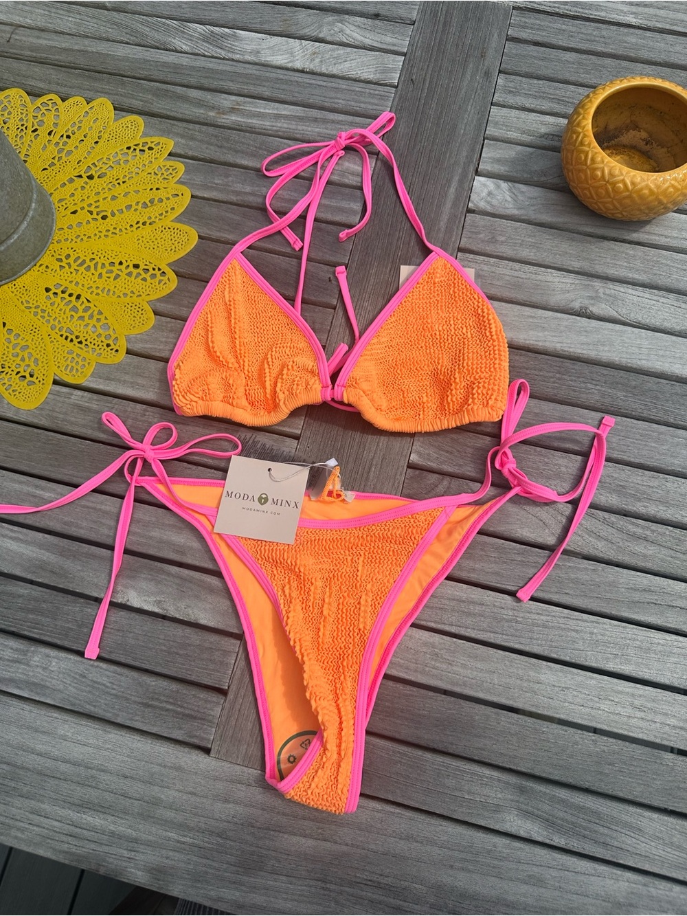 Moda Minx Neon Orange & Pink Textured Tie Bikini-top large-bottom medium